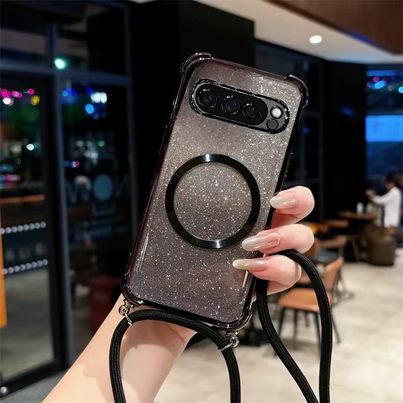 Luxuriöse galvanisierte Glitzer-Umhängetasche mit Trageband und MagSafe-Unterstützung für Google Pixel 10 9 8 7 6 Pro XL A in Silber - Bild 2