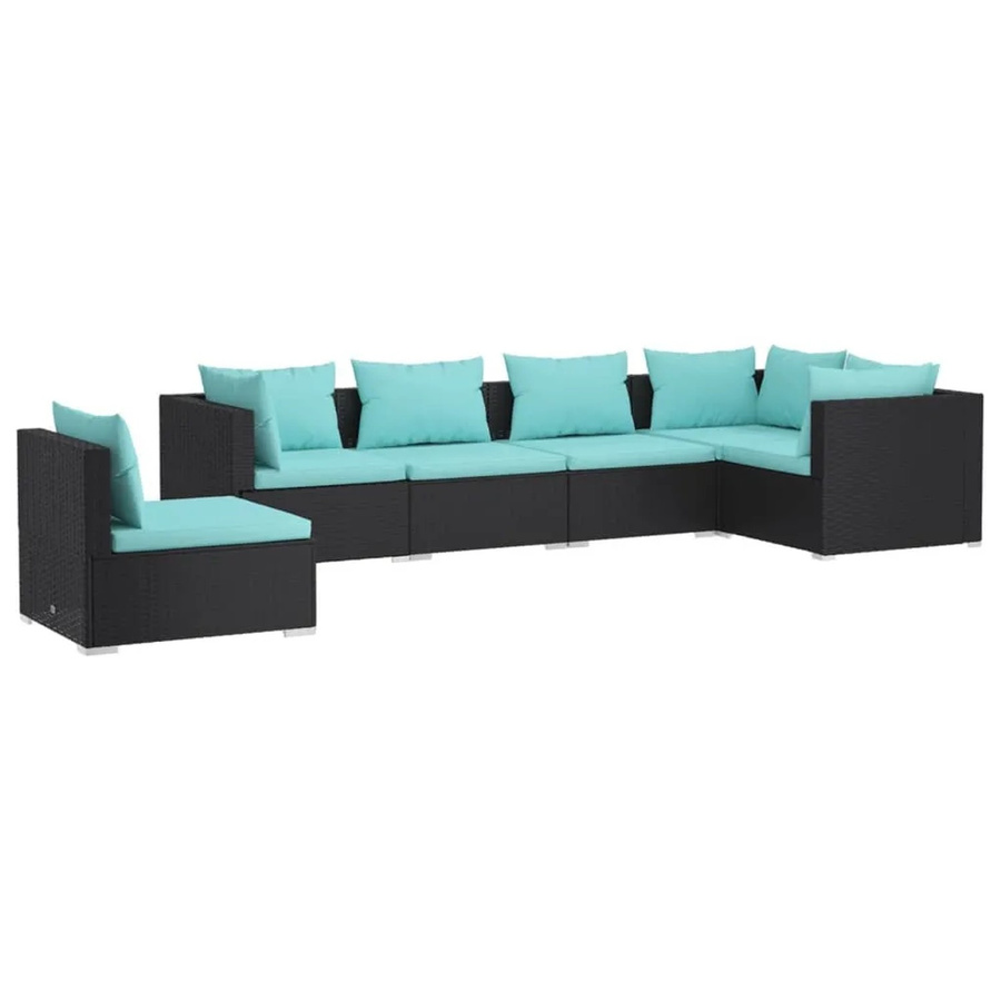 vidaXL 6-tlg Garten-Lounge-Set in L-Form aus Poly Rattan mit blauen Kissen und Metallgestell, Schwarz - Bild 2