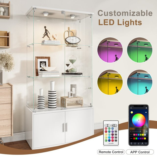 Rosahqnda Glasvitrine in Weiß mit LED-Beleuchtung, 4 Ebenen und 2 abschließbaren Glastüren, moderner Holzschrank mit Hochglanz-Finish - Bild 1