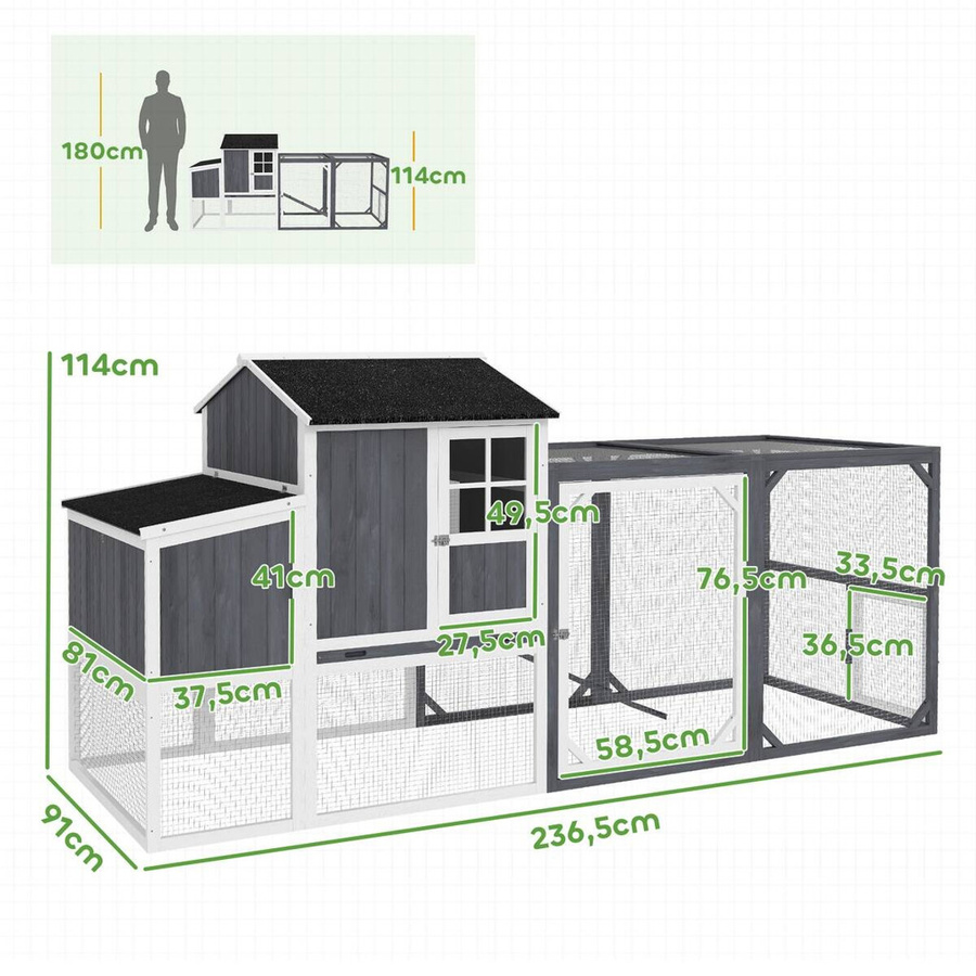 PawHut Hühnerstall aus Holz in Grau mit Freigehege und Nistkasten, H/B/T: 114 x 91 x 236,5 cm - Bild 3