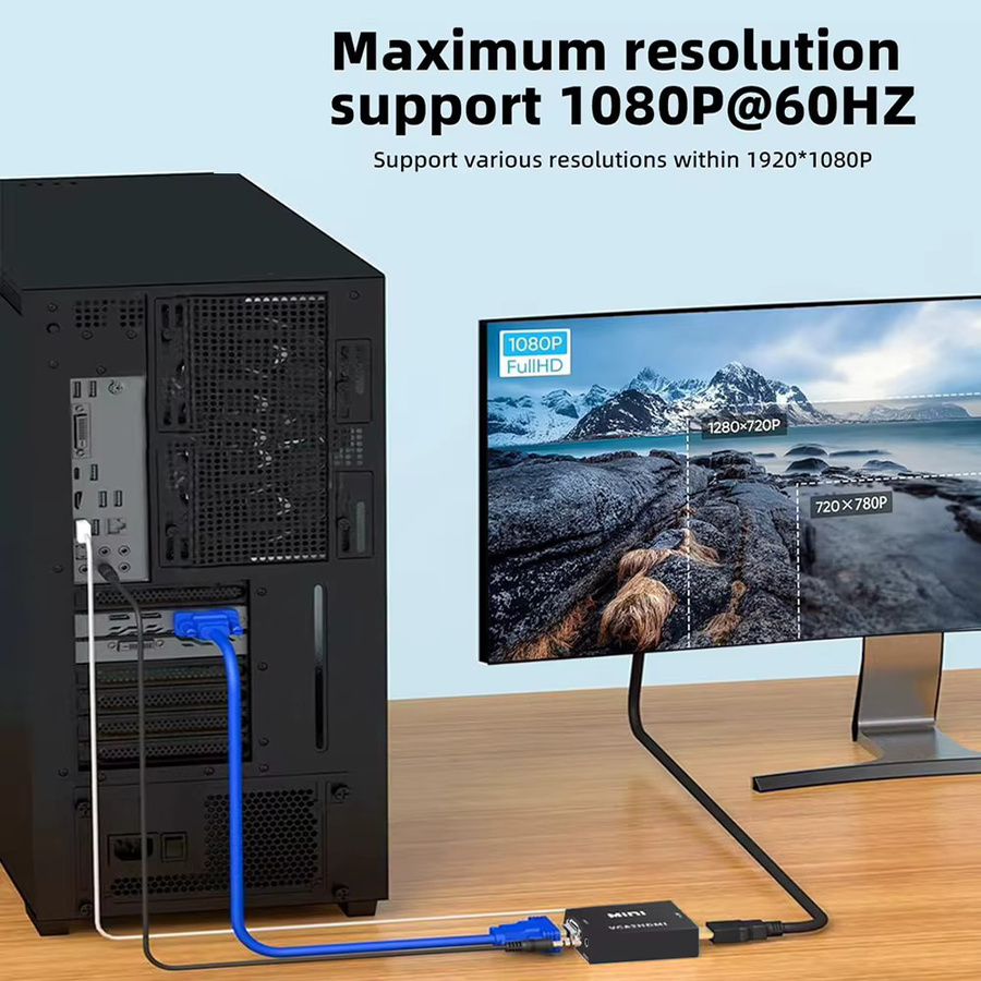 KOJESHUN VGA zu HDMI Konverter mit Audio-Adapter für Full HD 1080P, tragbare Video Box für Projektor, Notebook, PC und HDTV in Schwarz oder Weiß - Bild 2