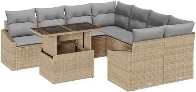 vidaXL 9-teilige Garten-Sofagarnitur aus Polyrattan in Beige mit UV-beständigen Kissen im L-Shape Design - Bild 1