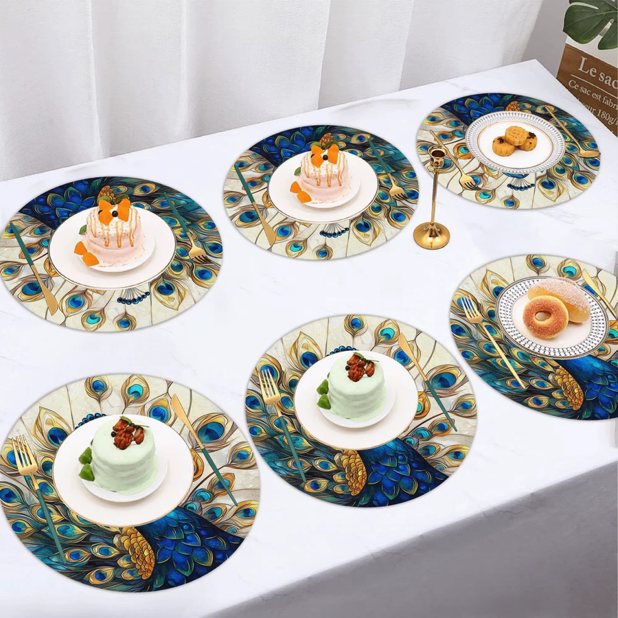 VIKAMA 4er Set runde Tischsets mit böhmischem Pfauenmuster in Multicolour, rutschfest und maschinenwaschbar - Bild 3