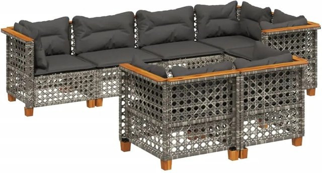 vidaXL 7-tlg Garten-Sofagarnitur aus Poly Rattan in Grau mit Kissen und Akazienholz - Bild 1