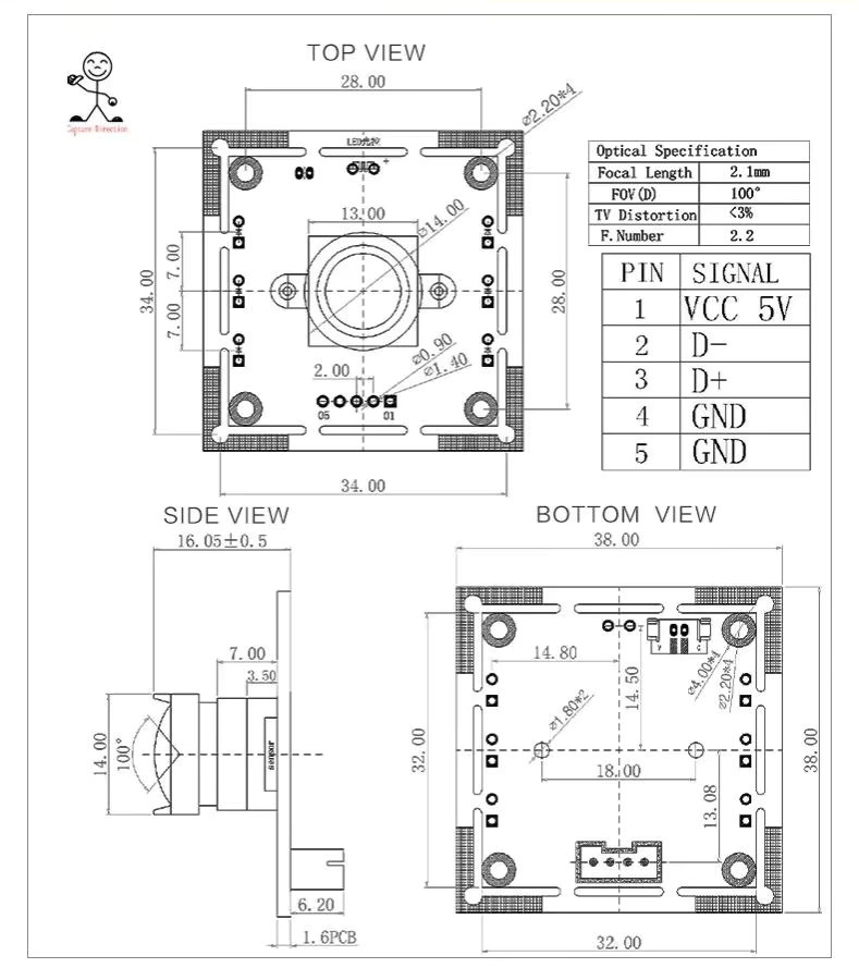 HBVCAM USB-Kameramodul OV9732 mit 1MP Auflösung und 100 Grad Sichtfeld, Schwarz, 2M Kabel - Bild 3