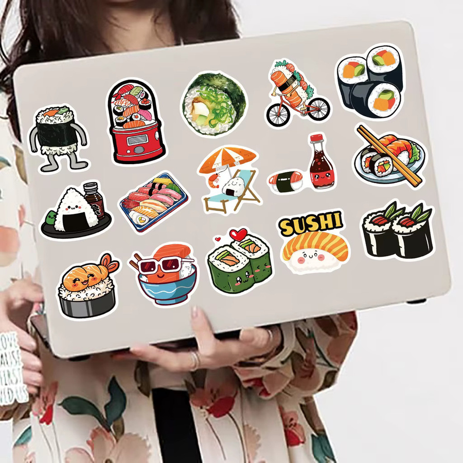 50 Stück Cartoon Lachs Sushi Graffiti Aufkleber in Multicolour für Fahrrad, Notizbücher und Federmäppchen - Bild 3