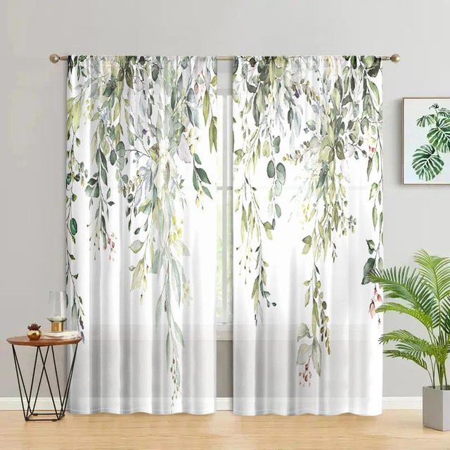 2er-Set halbverdunkelnde Blumenvorhänge mit Eukalyptusblatt-Design in Grün, Breite: 200 cm, Höhe: 220 cm - Bild 1