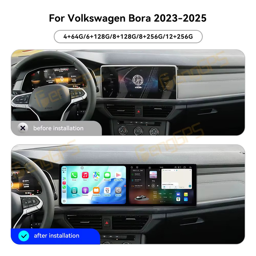Aotsr Dual Screen Android 15 Auto Radio mit CarPlay und DSP für Volkswagen Bora 2023-2025, 10,1 Zoll Touchscreen, Schwarz - Bild 2