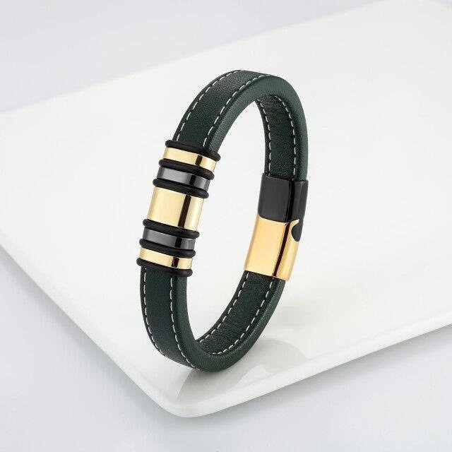 Armband Edelstahl, Lederband, Grün, Multicolor, Unisex, 21 cm - Bild 1