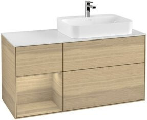 V&B Waschtischunterschrank Finion mit LED-Wandbeleuchtung und offenen Regalfächern, Farbe: Oatmeal, Breite: 120 cm - Bild 1