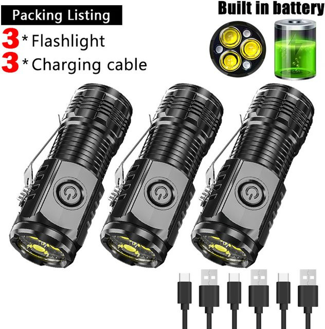 ZHIYU Mini-3LED-Taschenlampe in Schwarz mit USB-Ladefunktion, Stiftclip und integriertem Akku - Bild 1