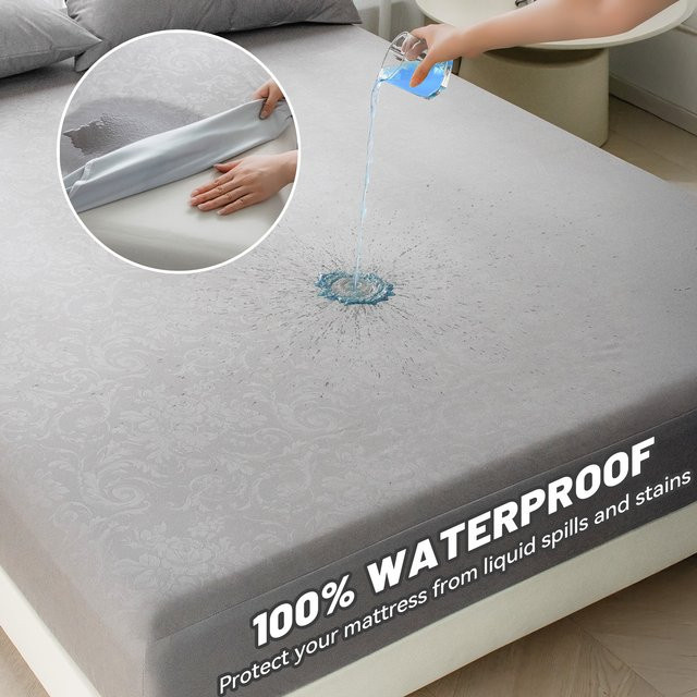 LyssioHome Wasserdichter Matratzenschoner mit floralem Design, atmungsaktiver 5-seitiger Matratzenbezug, Waschbares Spannbettlaken, B/T/H: 90 x 190 x 36 cm, Farben: Weiß und Grau - Bild 1