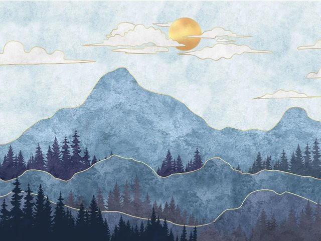 Sanders & Sanders Fototapete Berglandschaft in Blau und Gold, Vlies, B: 3,6 m x H: 2,7 m - Bild 1