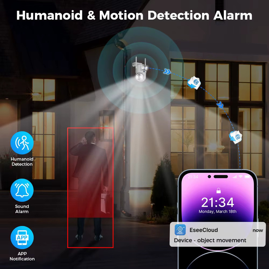 Hiseeu WLAN Überwachungssystem mit 10CH NVR, 3K 6MP Dual-Objektiv Smart PTZ IP-Kameras, Farbnachtsicht und Auto-Tracking, Weiß - Bild 3