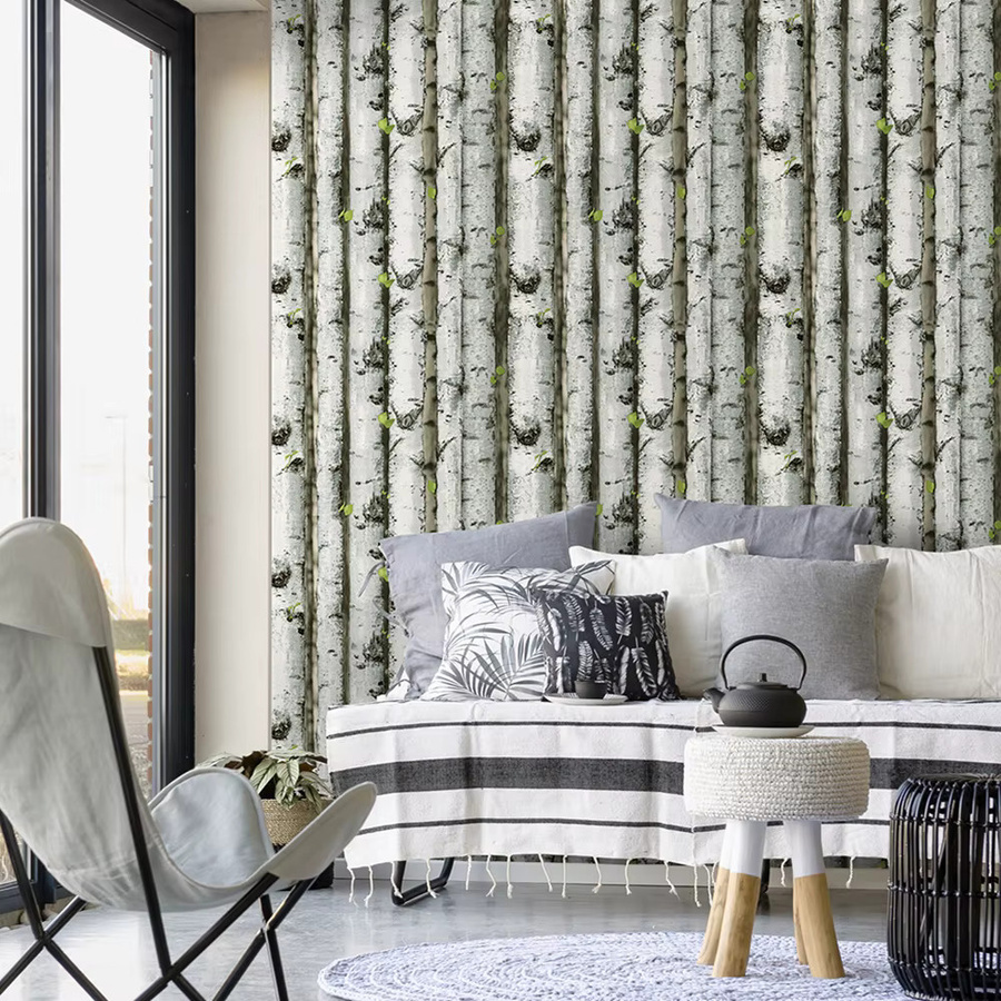 Meihodan Selbstklebende Vinyl Tapete Wald Birke Design in Grau, Braun und Grün für Schrankdekoration - Bild 3