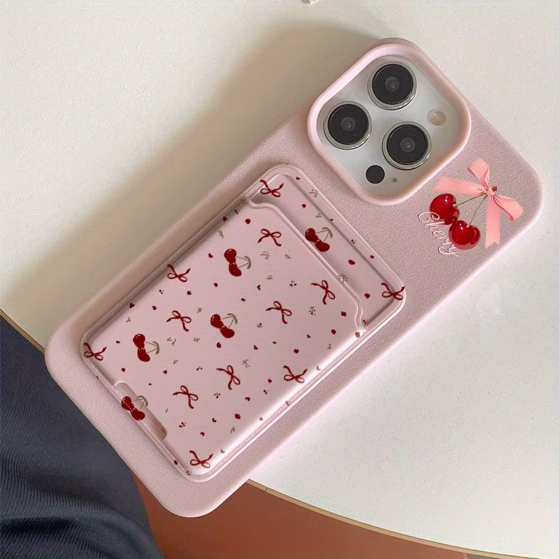 Stoßfeste Silikon-Handyhülle mit Kartensteckplatz und rotem Kirschmuster für Apple iPhone 17 bis 11 Pro Max Plus X XS - Bild 2