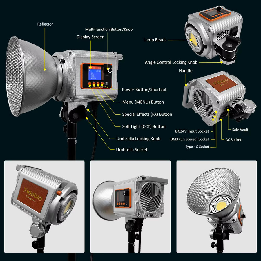 Yidoblo ZD200pro COB-Videoleuchte mit 200 W, zweifarbig 2700–6500 K, Bowens-Halterung, 10 Lichteffekte und APP-Steuerung in Silber - Bild 5