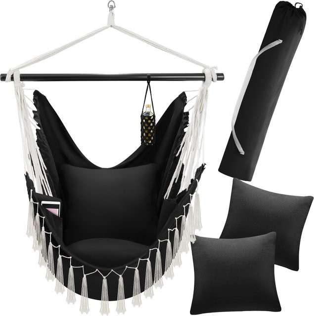 tectake Hängesessel Malika in Schwarz mit extra dicken Sitz- und Rückenkissen, Bücherfach und Flaschenhalterung, B/T/H: 100 x 150 x 150 cm - Bild 1