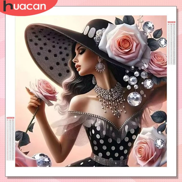 HUACAN Diamantmalerei Wanddekoration mit Frauenporträt und Rosenblumen in Mehrfarben, Durchmesser: 20 cm - Bild 1