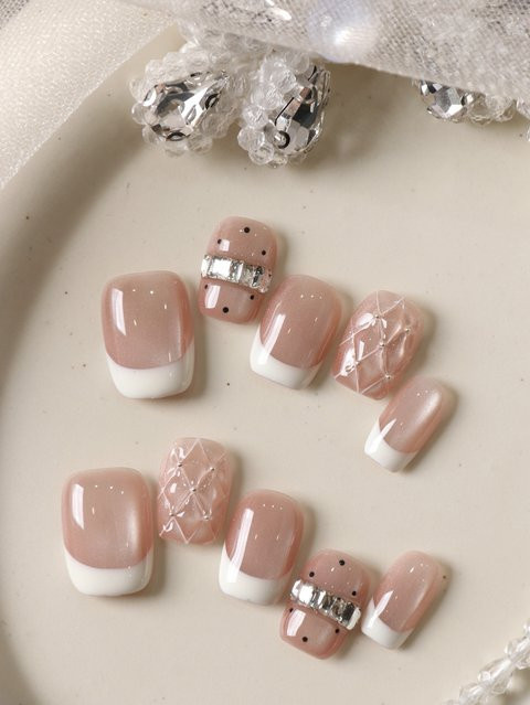 XEERCOOU Press-On Kunstnägel, Weiß, French Cat's Eye, Glänzend, 10 Stück - Bild 1