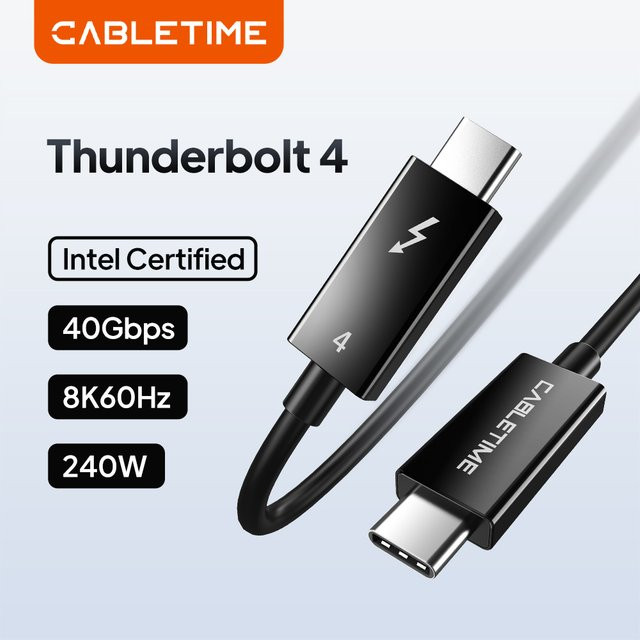 CABLETIME Thunderbolt 4 USB-C-Kabel in Schwarz mit 40 Gbit/s Datenübertragung, 8K bei 60 Hz und 100 W Schnellladefunktion - Bild 1