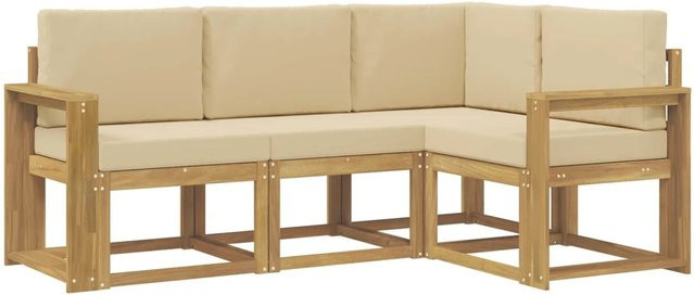 vidaXL Outdoor-Sofagarnitur 4-teilig in L-Form aus Akazienholz mit Kissen in Weiß und Beige - Bild 1