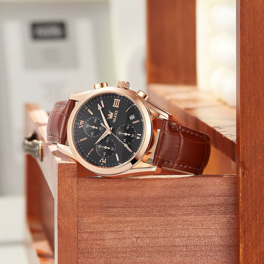 OLEVS Chronograph Armbanduhr, Quarz, Leder, Schwarz, Herren - Bild 3