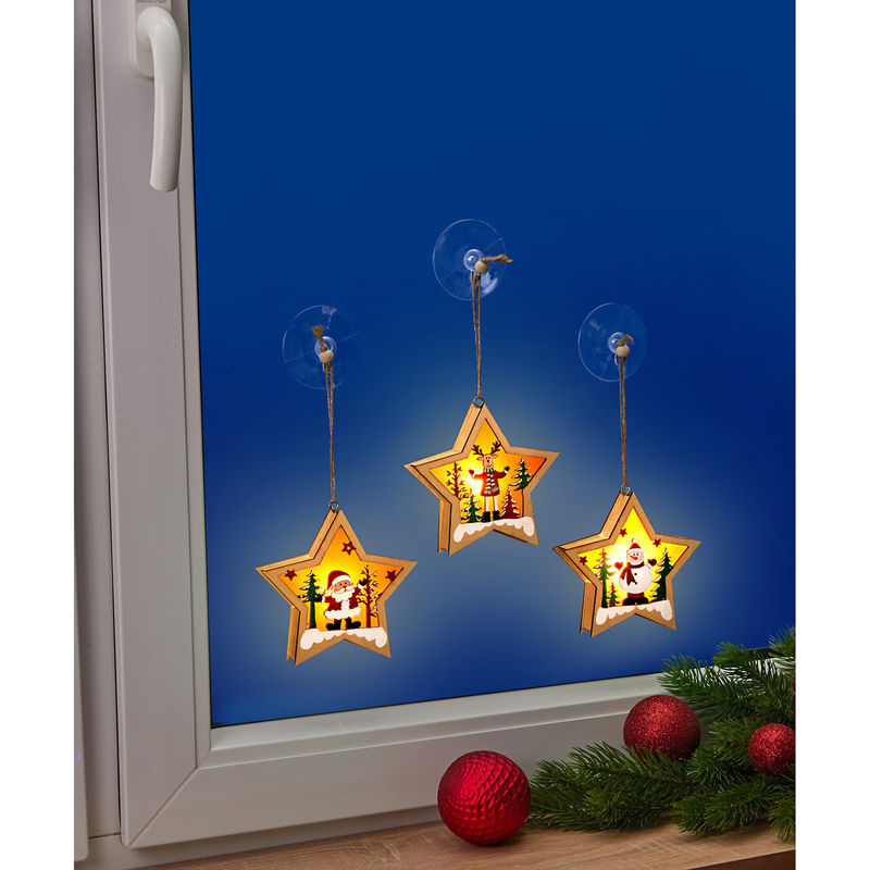 viva domo LED-Holzsterne Trio Set aus 3 Stück in Beige und Weiß als hängende Weihnachtsdekoration im Landhausstil - Bild 2