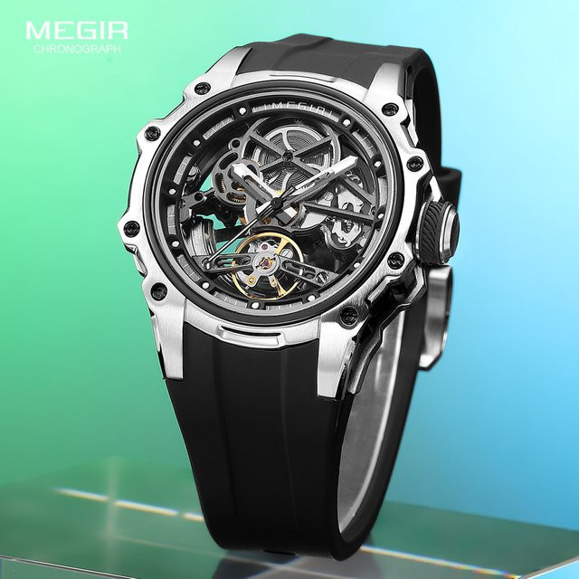 MEGIR Armbanduhr Automatik, Silikonarmband, Herren, Skelett-Zifferblatt - Bild 1