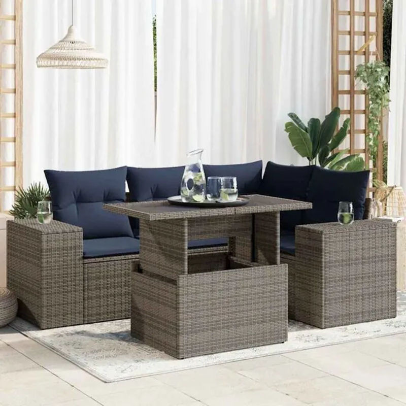 5-tlg. Garten-Sofagarnitur in L-Form aus Poly-Rattan und Metall mit Kissen in Grau von vidaxl - Bild 1