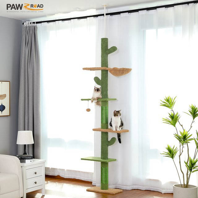 PAWZ Road Höhenverstellbarer Katzenbaum in Grün mit Hängematte, Sisal-Kratzpfosten und integriertem Spielzeug als Boden-bis-Decke Katzenturm - Bild 1