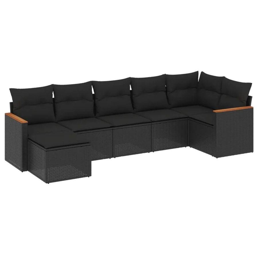 vidaXL 7-tlg. Garten-Sofagarnitur in L-Form aus Polyrattan und Akazienholz mit Kissen in Schwarz - Bild 2