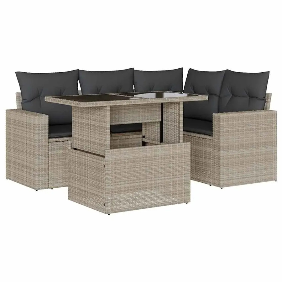 vidaXL 5-teilige Garten-Sofagarnitur aus Poly-Rattan mit Kissen in Hellgrau - Bild 2
