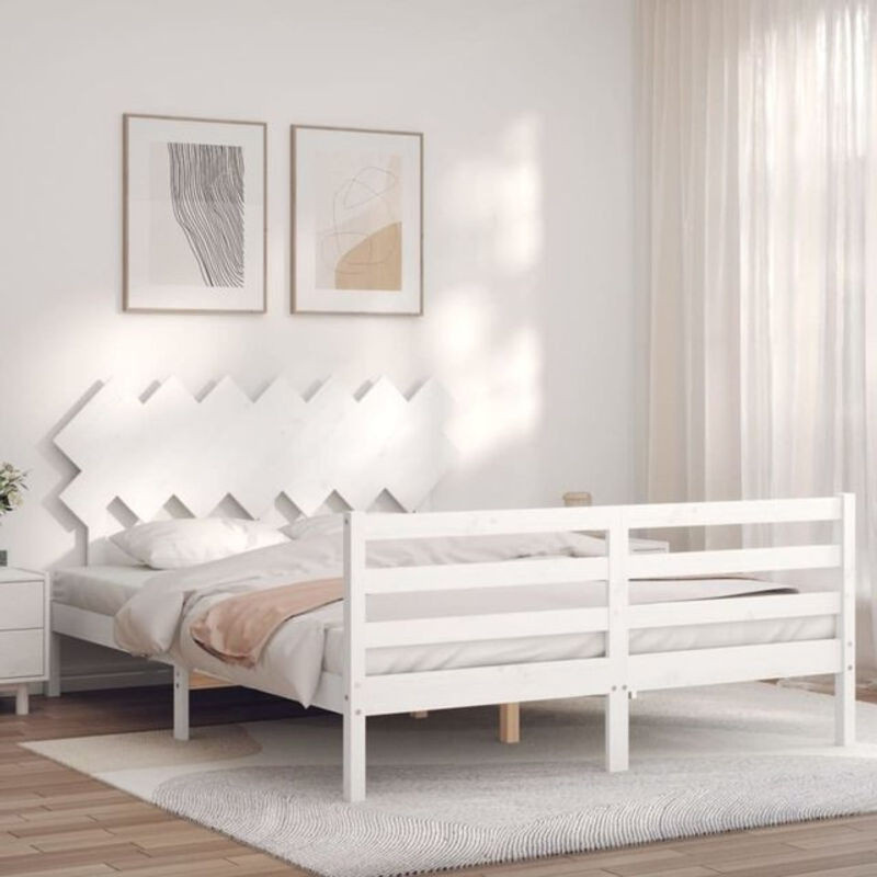 Massivholzbett aus Kiefer mit Kopfteil von Vidaxl in Weiß, Landhausstil und minimalistisches Design, B: 140 cm, L: 190 cm - Bild 1