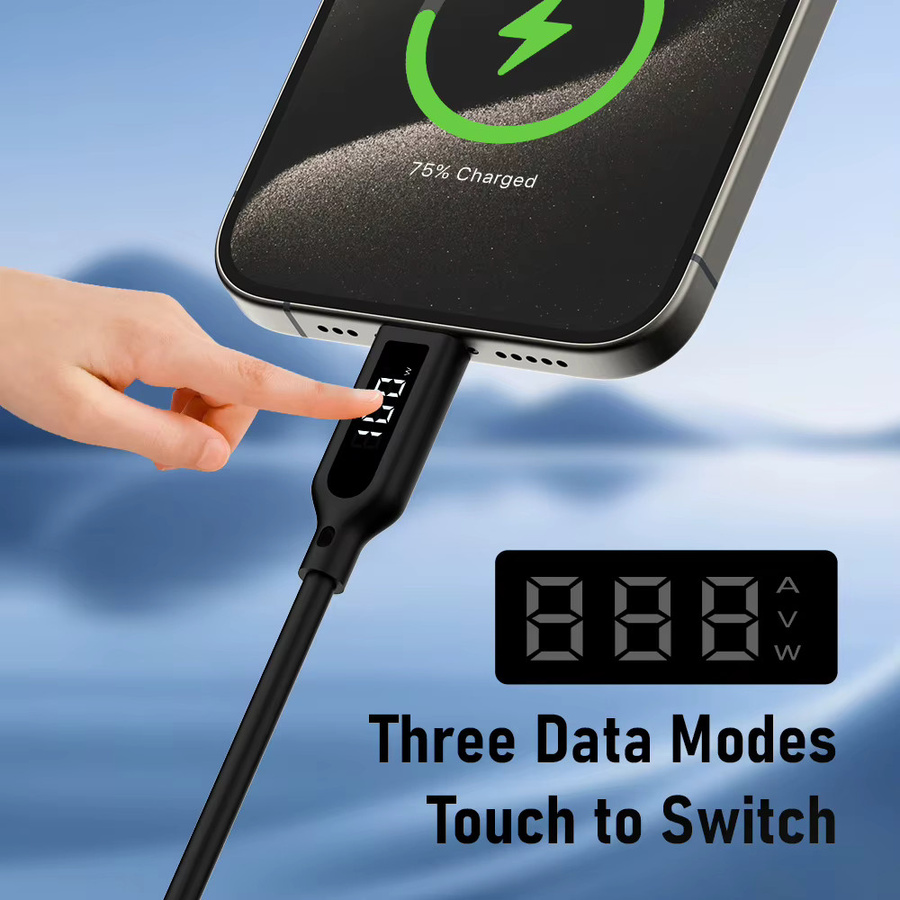 Lemorele USB-C-Kabel mit Digitalanzeige, 100 W Schnellladefunktion und 480 Mbit/s Datenübertragung, Silikonkabel in Schwarz - Bild 2