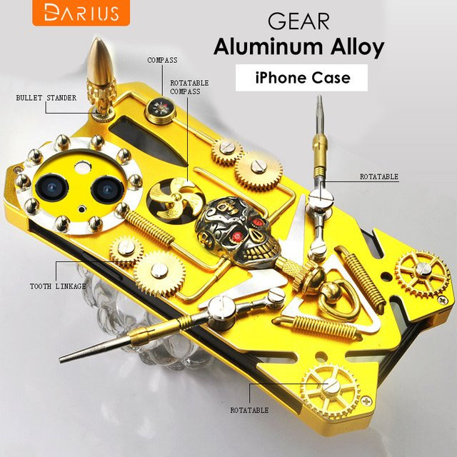 Stoßfeste Metall-Gear-Stand Handyhülle mit Totenkopf-Kompass-Design für iPhone 16 15 14 13 12 Pro Max 15 Plus in Gold und Gelb - Bild 1