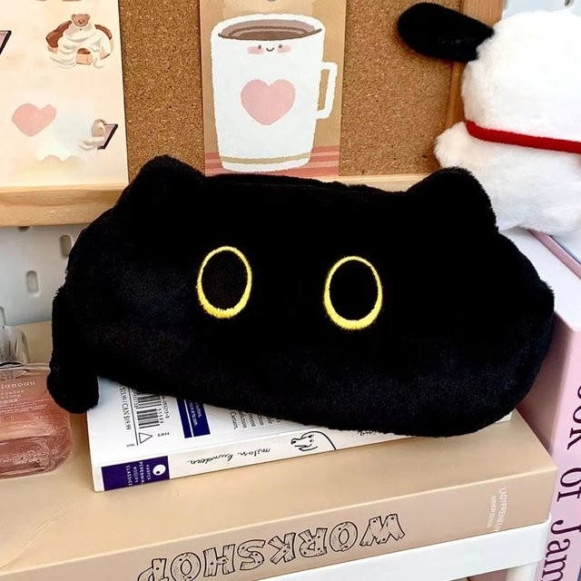 Niedliches Federmäppchen mit schwarzer Katze aus Plüsch, große Stifttasche mit Reißverschluss in Schwarz - Bild 1