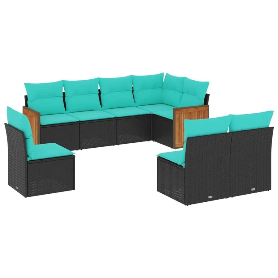 vidaXL 8-tlg. Gartensofa-Set in U-Form mit Kissen, Schwarz und Blau, Polyrattan mit Metallrahmen und UV-beständigen Polsterbezügen - Bild 2