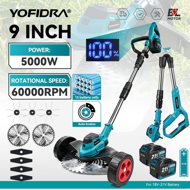 YOFIDRA Bürstenloser elektrischer Rasenmäher und kabelloser Rasentrimmer in Türkis, kompatibel mit Makita LXT Akkus, 9 Zoll, 60000 RPM - Bild 1
