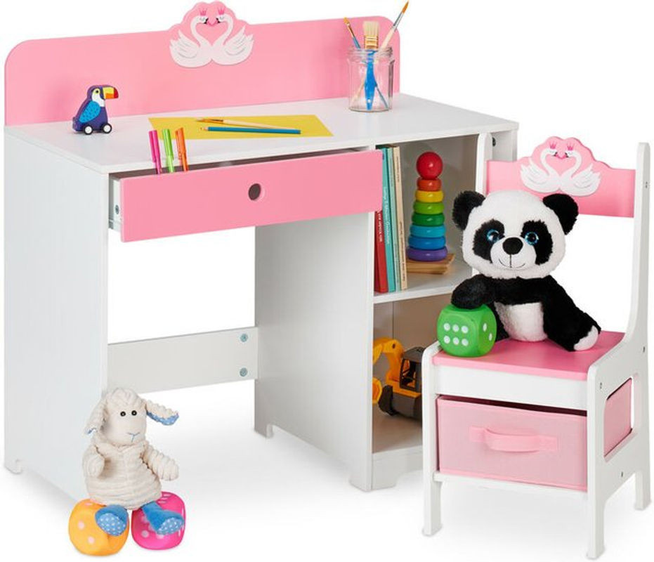 Relaxdays Kinder Schreibtisch Set mit Stuhl und Schwan-Motiv in Rosa/Weiß mit Schublade und 2 offenen Fächern - Bild 1