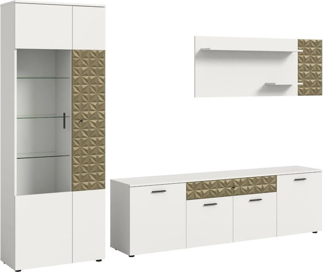 Inn.Furn Wohnwand 3-teilig in Weiß und Gold mit 3D-Struktur Relief, bestehend aus Lowboard, Displayvitrine und offenem Regal, Breite: 305 cm - Bild 1