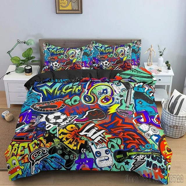 Cartoon Graffiti Bettwäsche-Set für Kinder mit Deckenbezug und Kissenbezug, Mehrfarbig, B: 120 cm, L: 150 cm - Bild 1