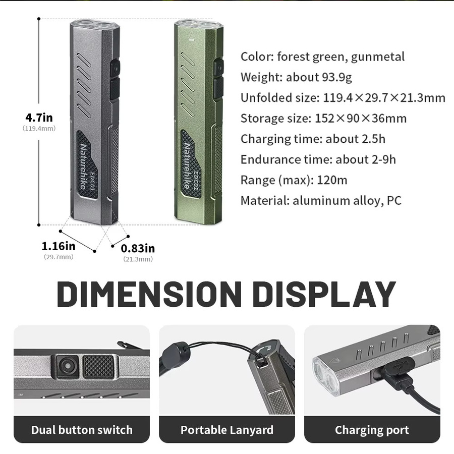Naturehike EDC-Taschenlampe in Grün mit 1500 Lumen, ultrakompakt und wiederaufladbar für Outdoor, Wandern und Camping - Bild 5