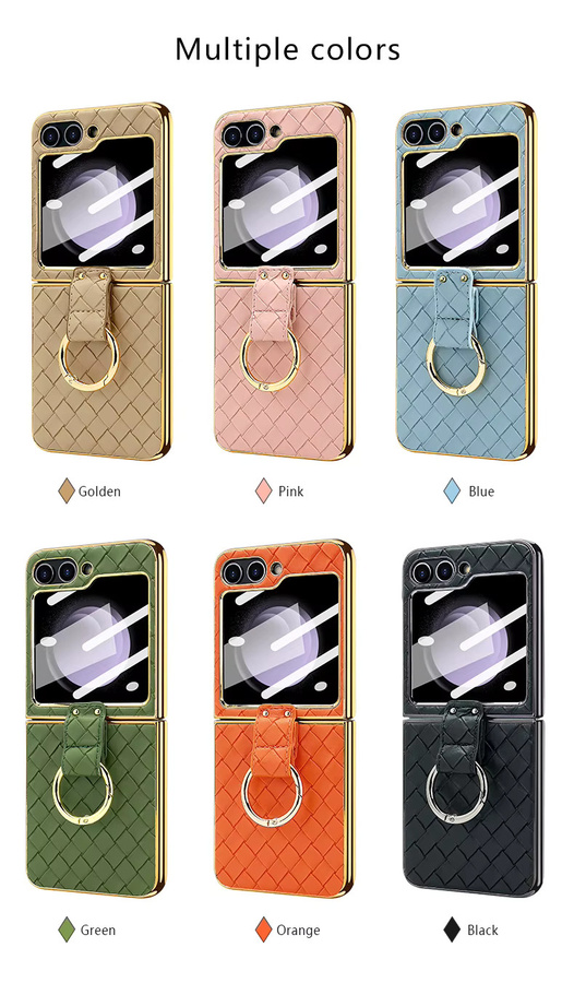 Stoßfeste Handyhülle aus PU-Leder mit gewebtem Muster und Glasfrontfolie für Samsung Galaxy Z Flip7, Z Flip6, Z Flip5, Z Flip4, Z Flip3 in Braun mit Fingerringhalterung - Bild 3