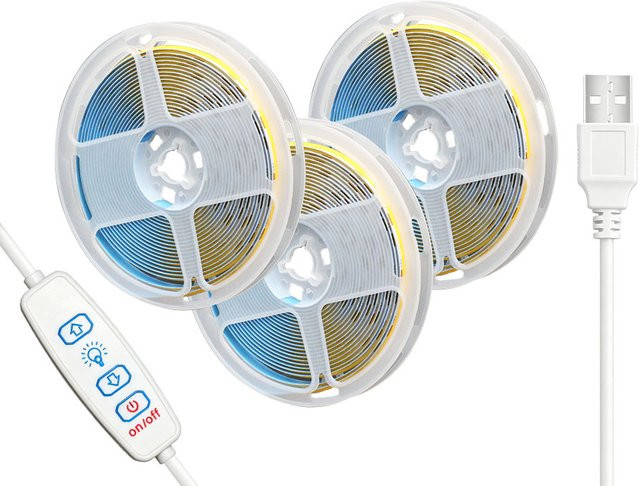FastDeng USB 5V COB LED-Band mit 320 LEDs/m, dimmbar mit 3-Tasten-Dimmer, selbstklebend, Breite: 8 mm - Bild 1