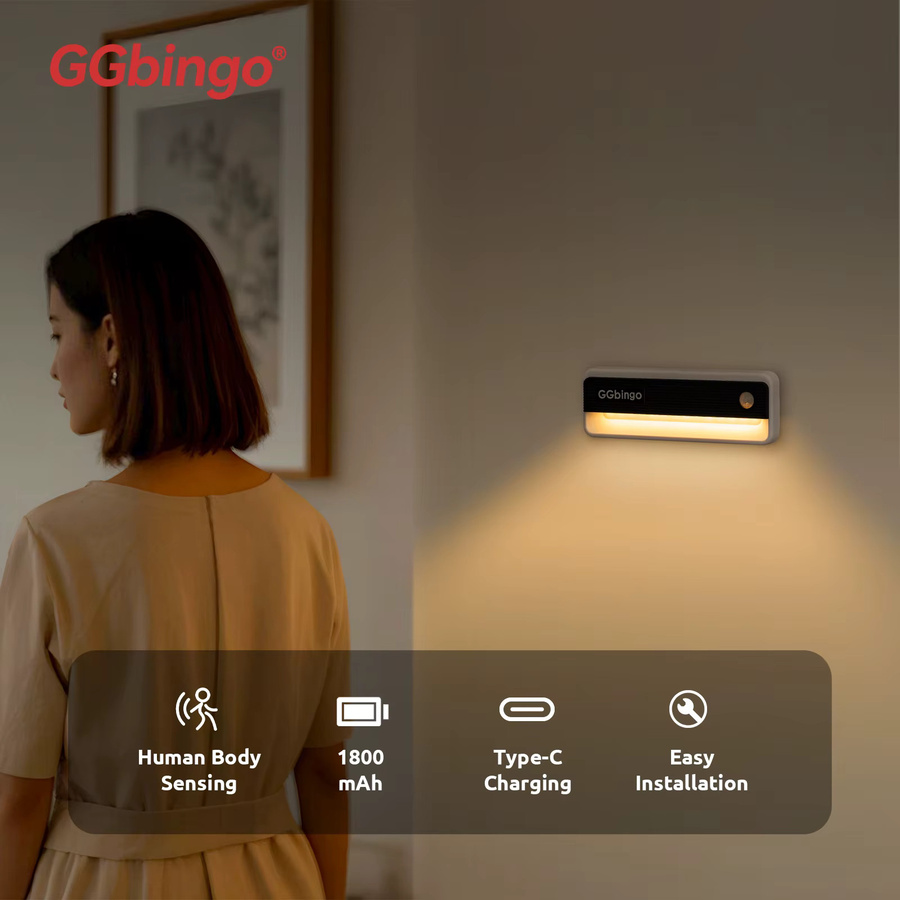 GGbingo Nachtlicht mit Bewegungssensor und Typ-C Ladung, Warmweiß 2700K, Wandlampe für Schrank und Schlafzimmer, Weiß - Bild 2