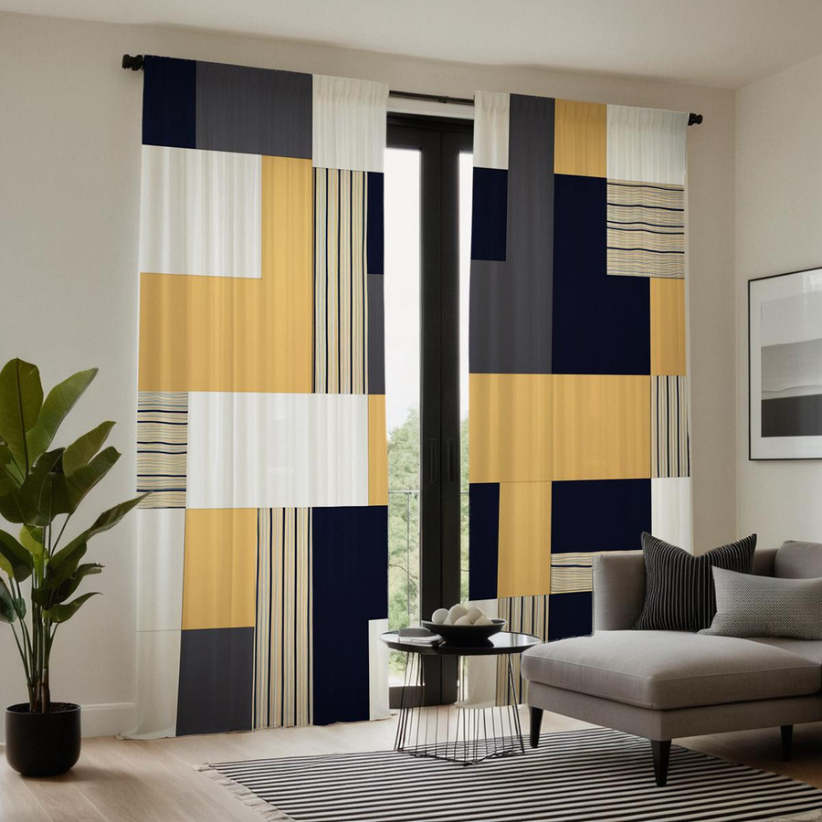 2er-Set Geometrische Vorhänge von Household supplies MH in Gelb und Multicolour, semi-transparent mit modernem Grafikdesign, B: 132 cm, H: 160 cm - Bild 2