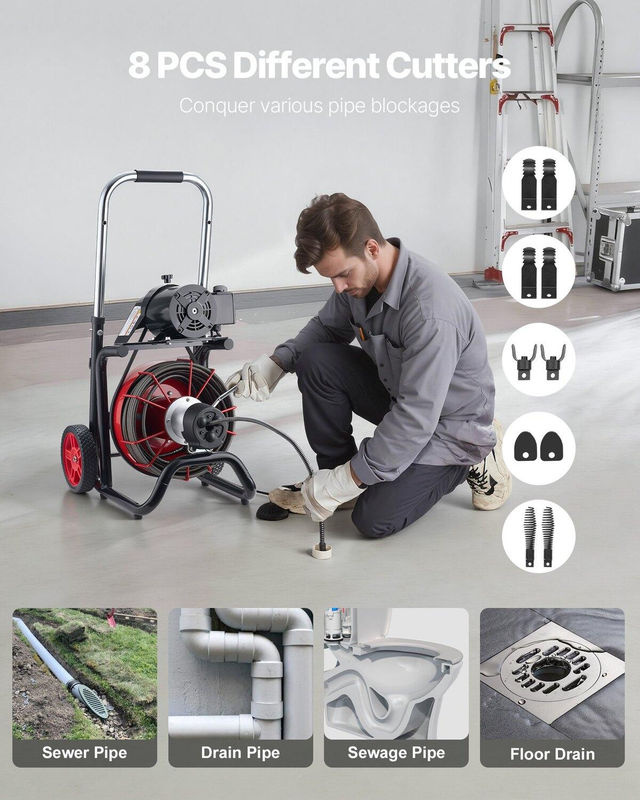 Buying Solutions MB Automatischer Rohrreinigungsmaschine Kanalreiniger mit Rädern, Farbe Rot, 30 m x 10,5 mm, mit 8 Fräsern und luftaktiviertem Fußschalter für Rohre von 50 mm bis 100 mm - Bild 9