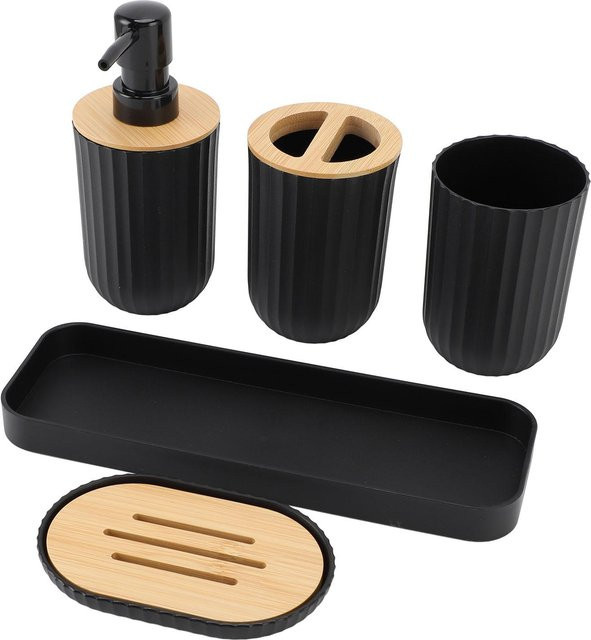 Koogeelife Badezimmer-Accessoires-Set in Schwarz mit Seifenspender, Zahnbürstenhalter, Mundspülbecher und Seifenschale aus Kunststoff und Bambus - Bild 1