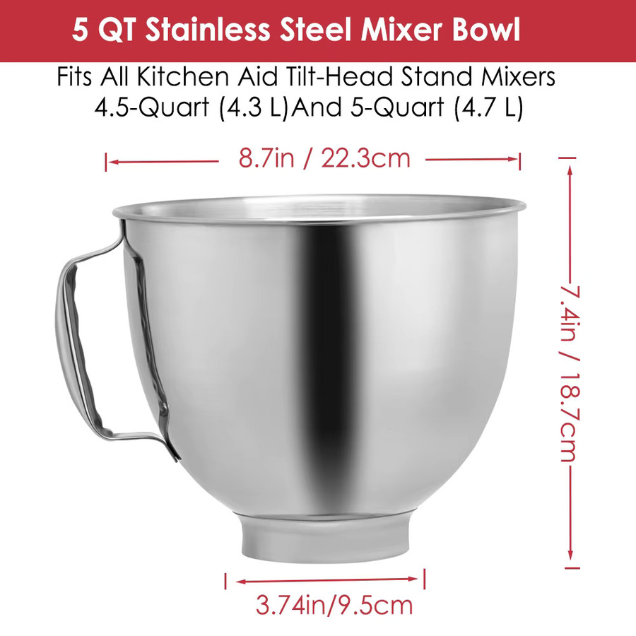 Edelstahl-Mixerschüssel mit Deckel in Silber, kompatibel mit KitchenAid Tilt-Head Stand Mixern, 4,5-5 Quart - Bild 3